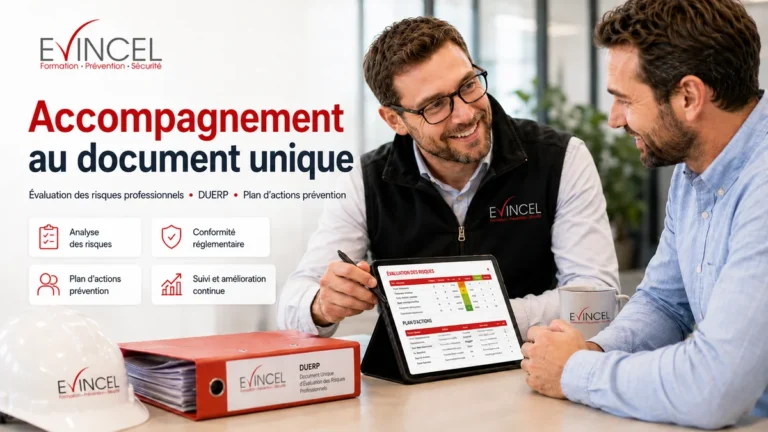 Consultant EVINCEL accompagnant une entreprise dans l’évaluation des risques professionnels et la réalisation du DUERP à Lyon