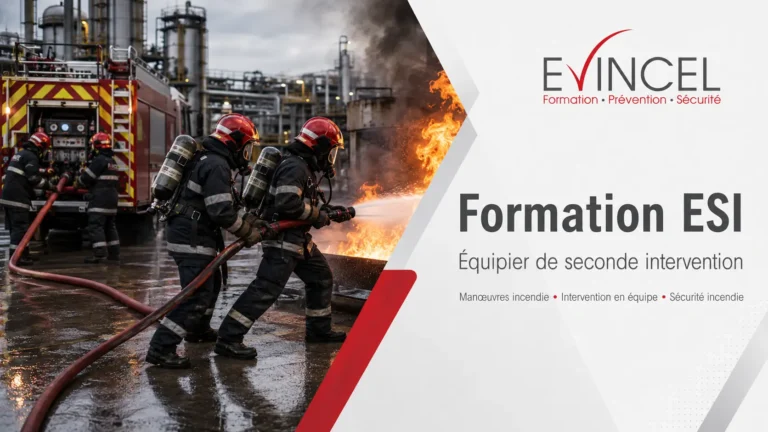 Formation ESI à Lyon avec des équipiers de seconde intervention réalisant une manœuvre incendie sur un site industriel