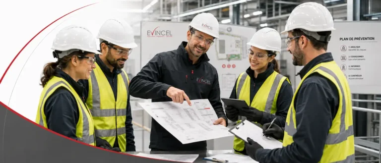 Formateur EVINCEL présentant un plan de prévention à des salariés en environnement industriel à Lyon