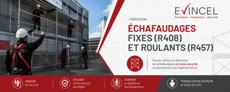 Formation échafaudages fixes R408 et roulants R457 à Lyon avec EVINCEL : montage, utilisation, vérification et démontage en sécurité.