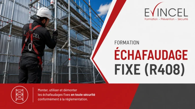Technicien équipé d’un harnais devant un échafaudage fixe lors d’une formation R408 à Lyon avec EVINCEL Formation.