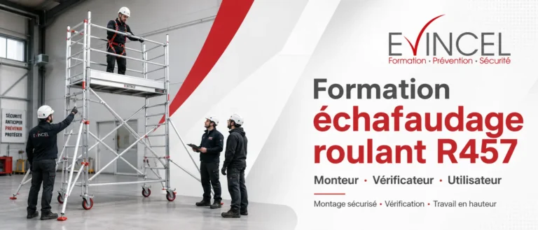 Stagiaires en formation échafaudage roulant R457 à Lyon : montage, vérification et utilisation sécurisée d’un échafaudage mobile