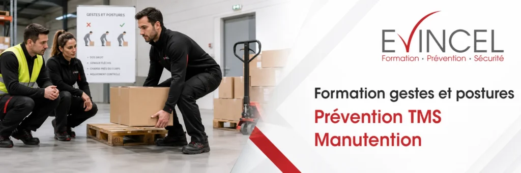Formation gestes et postures à Lyon avec exercice de manutention manuelle et prévention des TMS par EVINCEL Formation