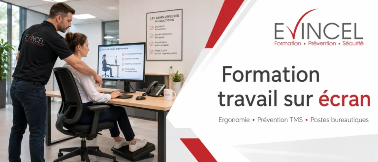Formateur EVINCEL accompagnant une salariée pour régler son poste de travail sur écran et prévenir les TMS à Lyon