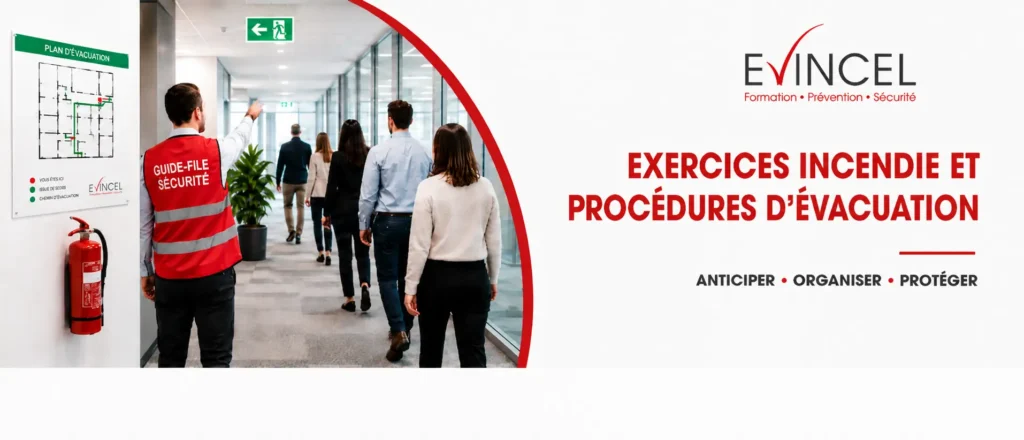 Exercice d’évacuation incendie en entreprise avec un guide-file dirigeant les salariés vers la sortie de secours.