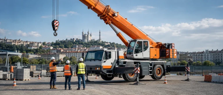 Formateur et conducteurs devant une grue mobile stabilisée lors d’une formation ACES à Lyon