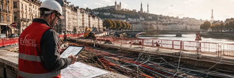Professionnel EVINCEL consultant des plans de réseaux sur un chantier urbain à Lyon pour illustrer la formation initiale AIPR Concepteur
