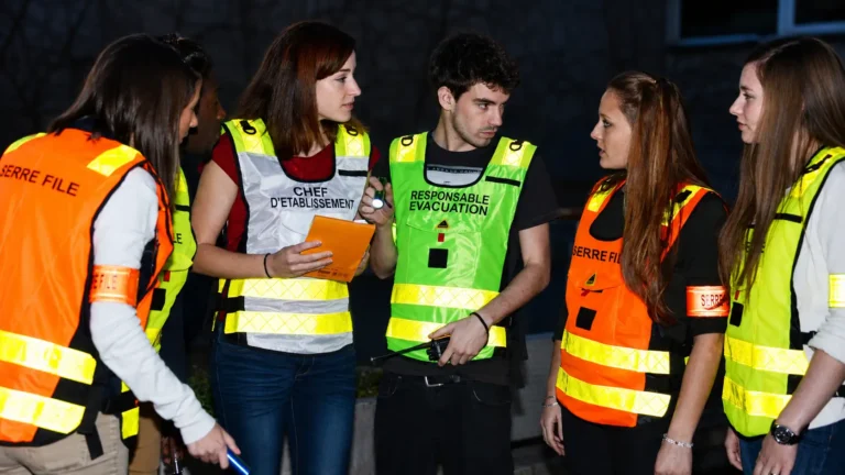 Participants à une formation évacuation incendie avec guide-file, serre-file et responsable d’évacuation à Lyon