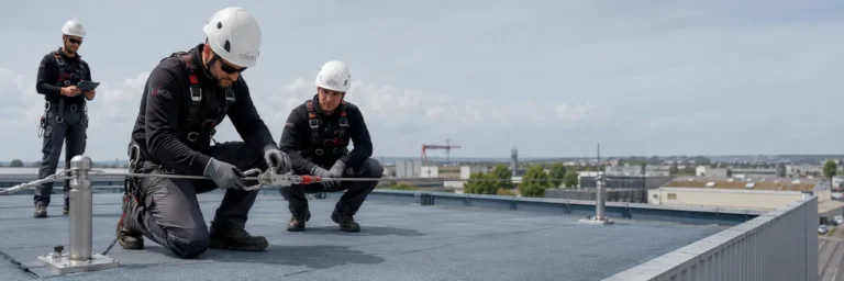 Participants équipés de harnais installant une ligne de vie provisoire EN 795 sur une toiture lors d’une formation à Lyon.