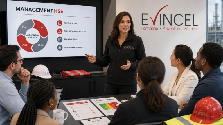 Formatrice EVINCEL animant une formation en management HSE à Lyon auprès d’un groupe de professionnels