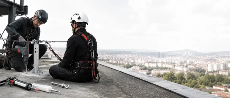 Deux techniciens équipés de harnais installent un point d’ancrage EN 795 sur une toiture à Lyon