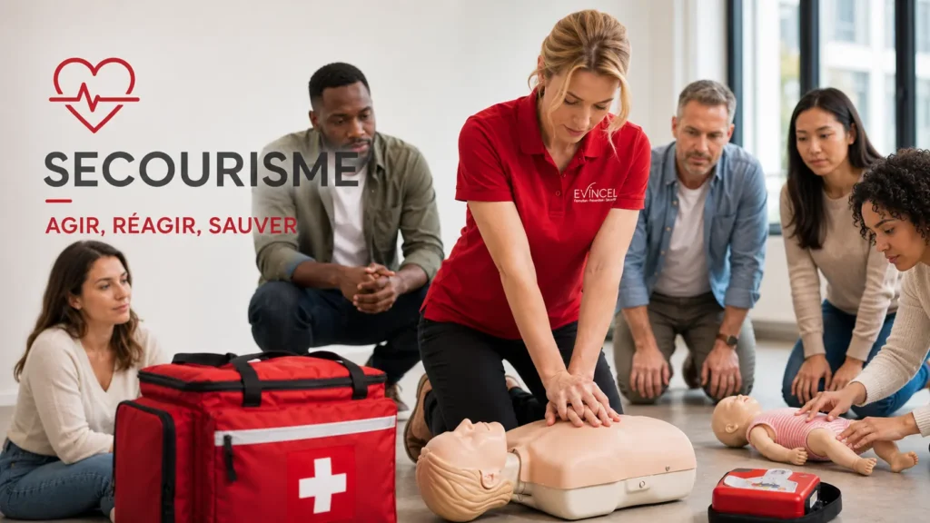 Formatrice EVINCEL encadrant cinq participants lors d’un exercice de réanimation cardio-pulmonaire en formation SST à Lyon