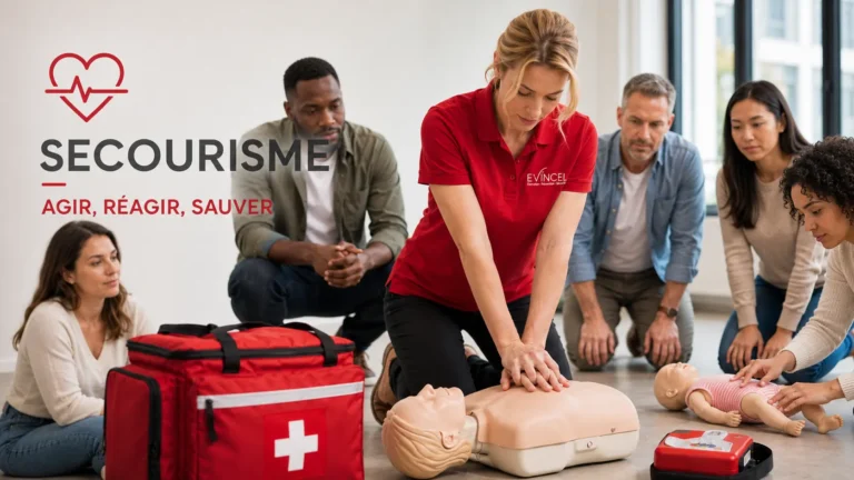Formatrice EVINCEL encadrant cinq participants lors d’un exercice de réanimation cardio-pulmonaire en formation SST à Lyon