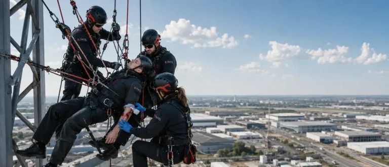 Stagiaires réalisant l’évacuation d’une victime sur cordes lors d’une formation au secours en hauteur à Lyon.