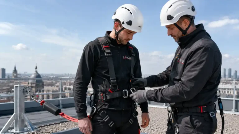 Deux participants en formation travail en hauteur et port du harnais à Lyon avec EVINCEL