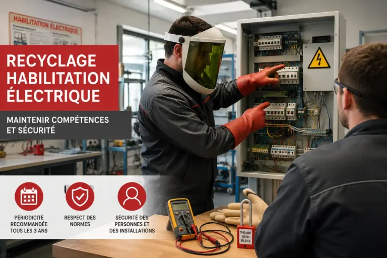 Formateur lors d’un recyclage en habilitation électrique devant une armoire électrique, avec écran facial et gants isolants.