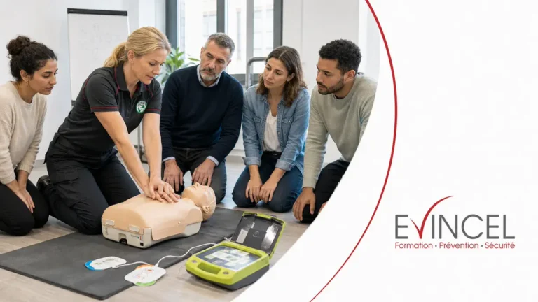 Formatrice EVINCEL montrant le massage cardiaque et l’utilisation d’un défibrillateur pendant un recyclage MAC SST.