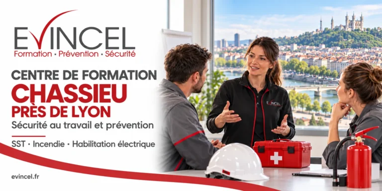 Visuel EVINCEL présentant les formations en sécurité au travail à Chassieu, près de Lyon, avec une formatrice et deux participants.