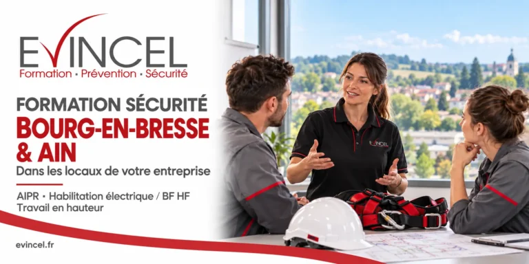 Illustration des formations EVINCEL à Bourg-en-Bresse et dans l’Ain : une formatrice, deux participants, un casque et un harnais.