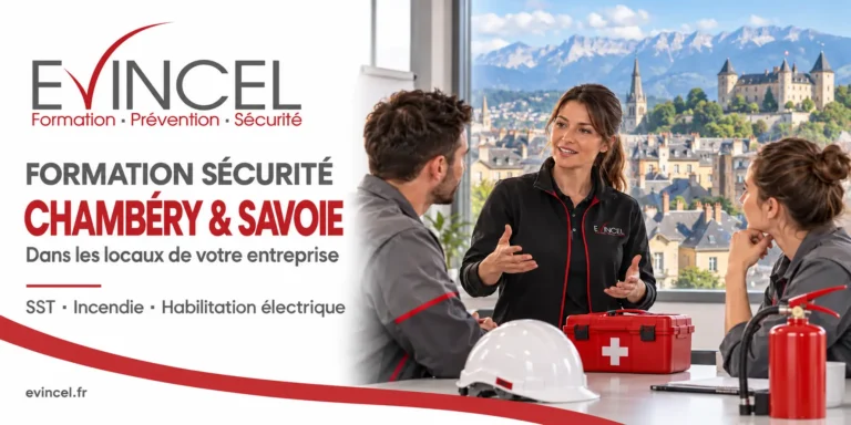 Bannière EVINCEL : formations SST, incendie et habilitation électrique dans les entreprises de Chambéry et de Savoie.