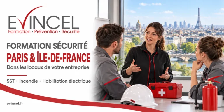 Bannière EVINCEL présentant des formations SST, incendie et habilitation électrique dans les locaux des entreprises à Paris et en Île-de-France.