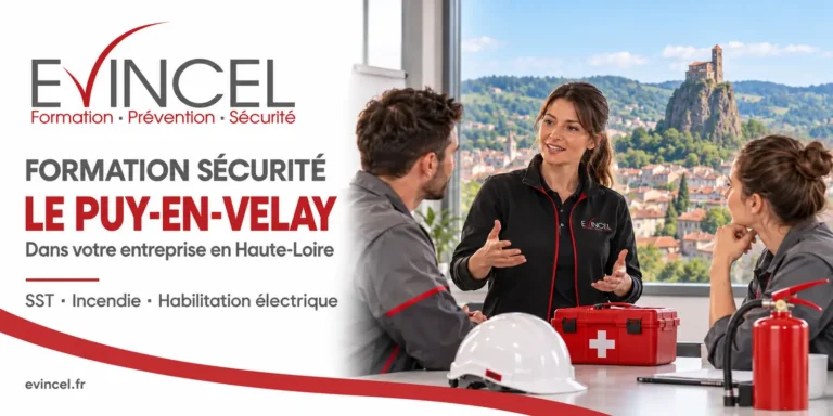 Bannière EVINCEL : formations SST, incendie et habilitation électrique en entreprise au Puy-en-Velay, en Haute-Loire.
