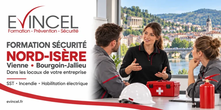 Illustration EVINCEL : formatrice, stagiaires et matériel de sécurité pour les entreprises de Vienne et Bourgoin-Jallieu en Nord-Isère.