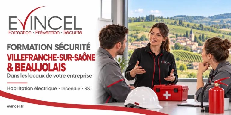 Illustration des formations sécurité EVINCEL à Villefranche-sur-Saône et dans le Beaujolais : une formatrice et deux salariés.